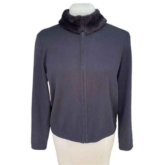 Nina Leonard Classic Zip Cardi w/Faux Fur Collar Sz L Long Sleeve Wool Blend - Picture 1 of 9